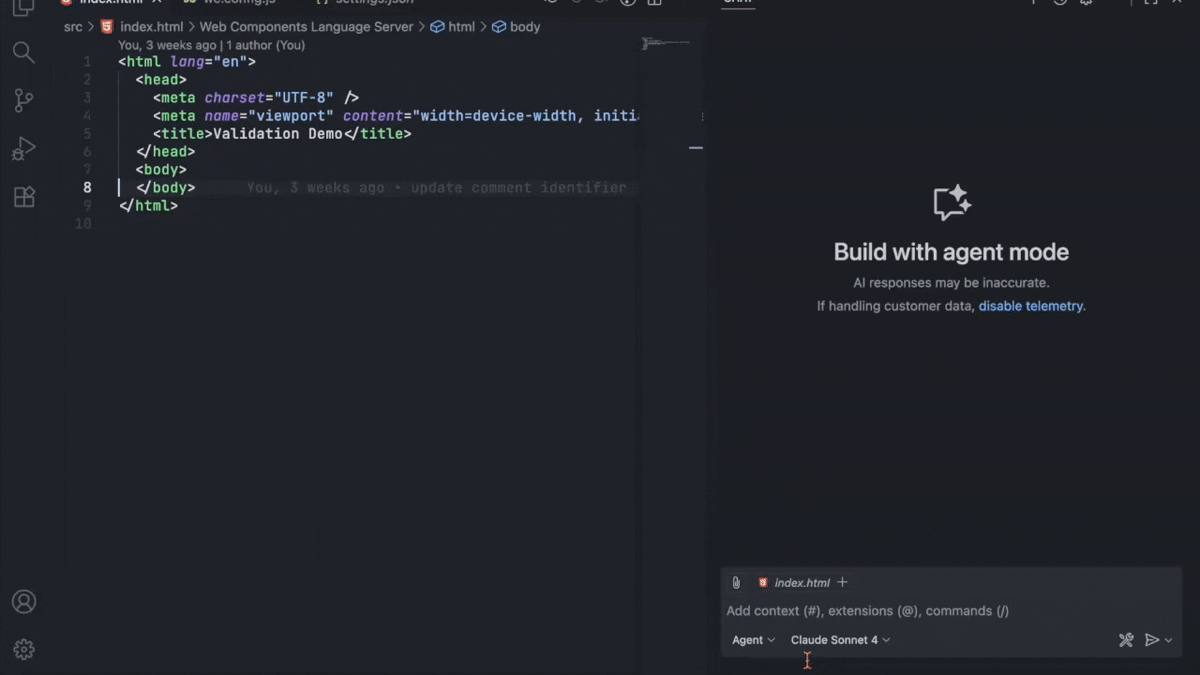 Demonstration of the web components language server with AI integration