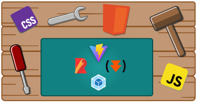A workbench with tools, html, css, javascript, and sorting logos