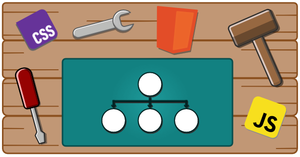 A workbench with tools, html, css, javascript, and JSDoc logos