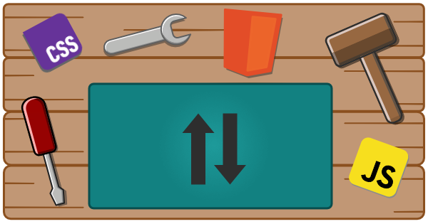 A workbench with tools, html, css, javascript, and sorting logos