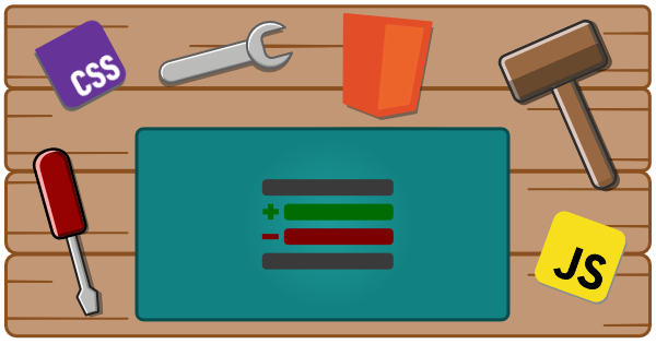 A workbench with tools, html, css, javascript, and changelog logo