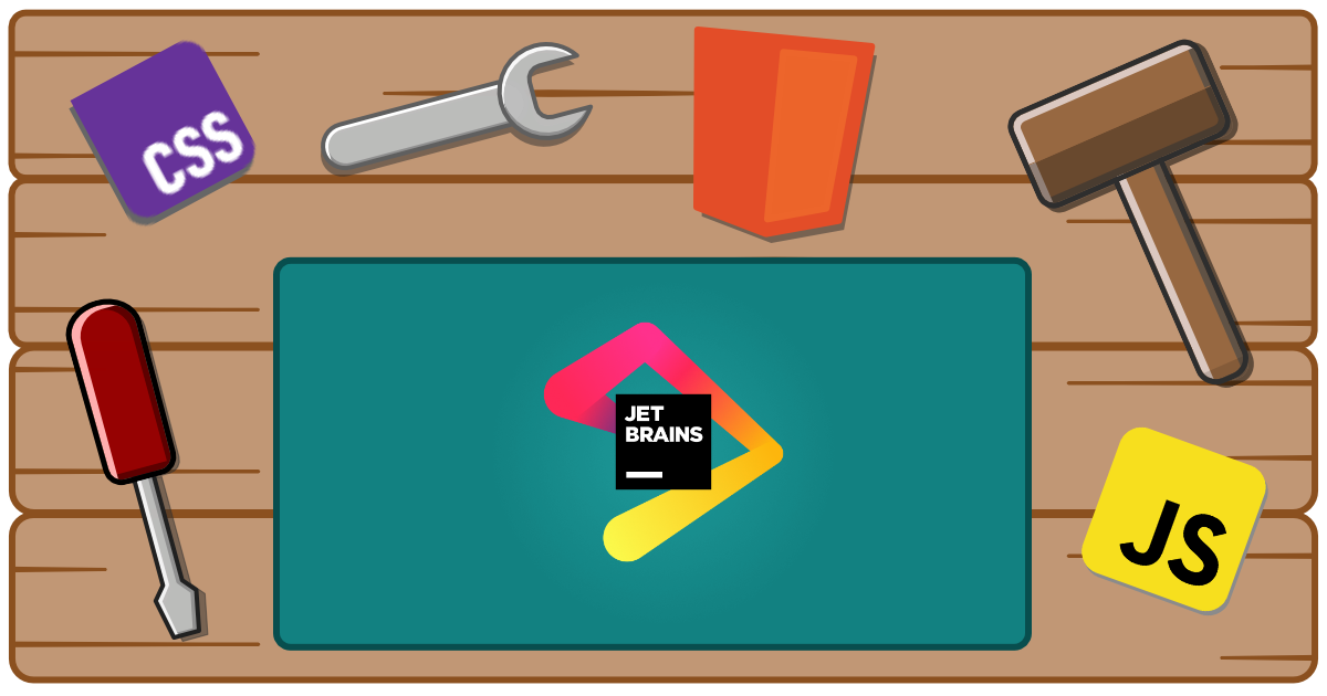 A workbench with tools, html, css, javascript, and web components logo