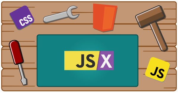 A workbench with tools, html, css, javascript, and JSX logo