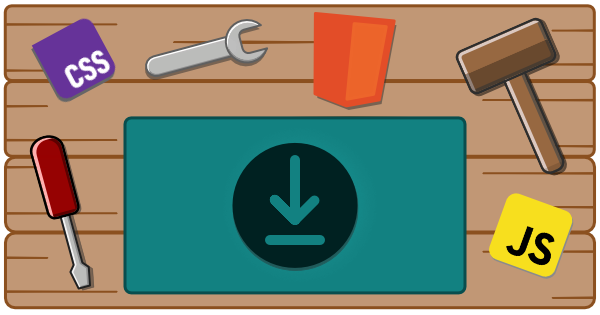 A workbench with tools, html, css, javascript, and download logo