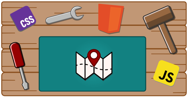 A workbench with tools, html, css, javascript, and map icons