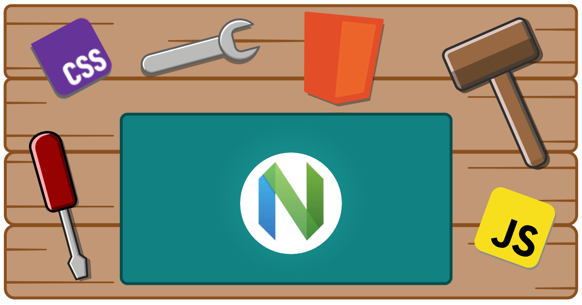 A workbench with tools, html, css, javascript, and neovim logo