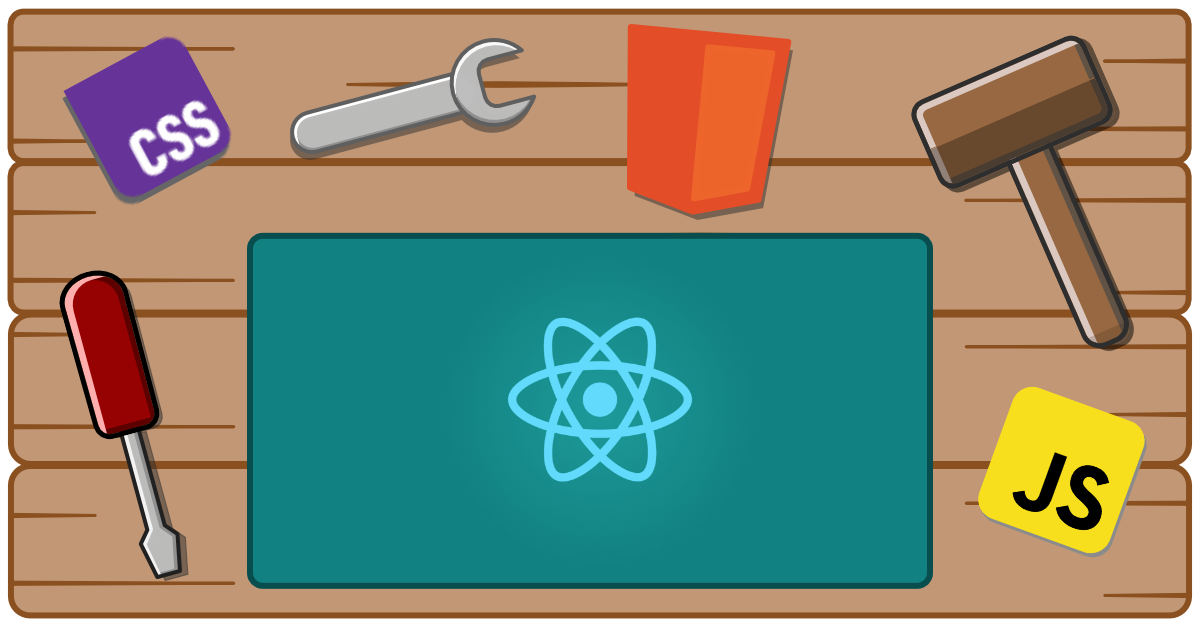 A workbench with tools, html, css, javascript, and JSX logo