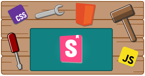 A workbench with tools, html, css, javascript, and Storybook logo