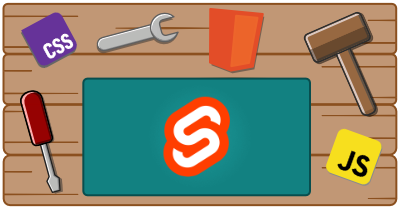 A workbench with tools, html, css, javascript, and Svelte logo