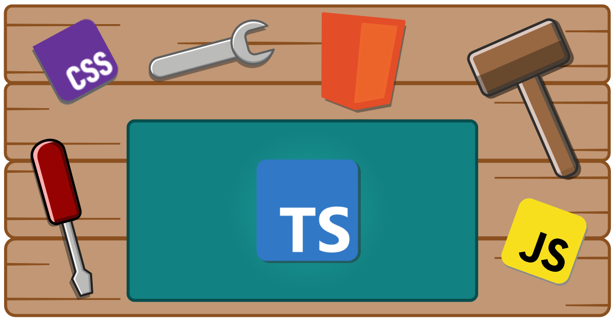 A workbench with tools, html, css, javascript, and JSDoc logos