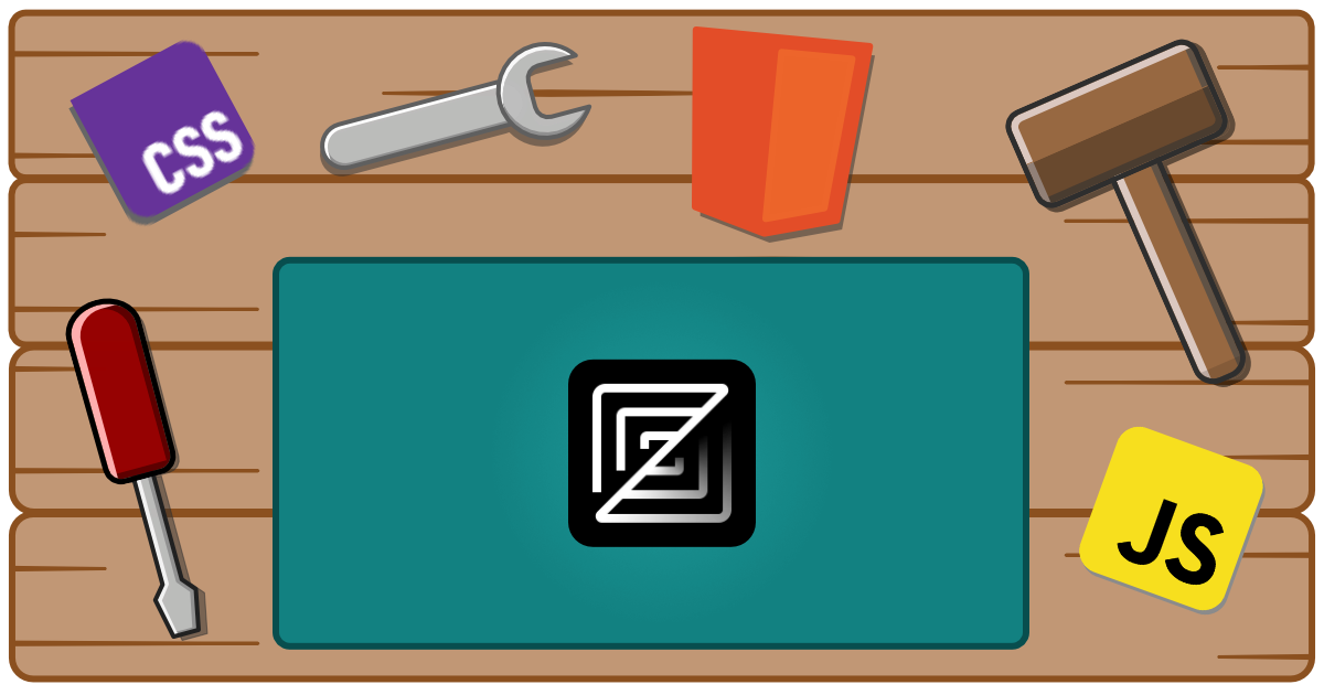 A workbench with tools, html, css, javascript, and Zed logo